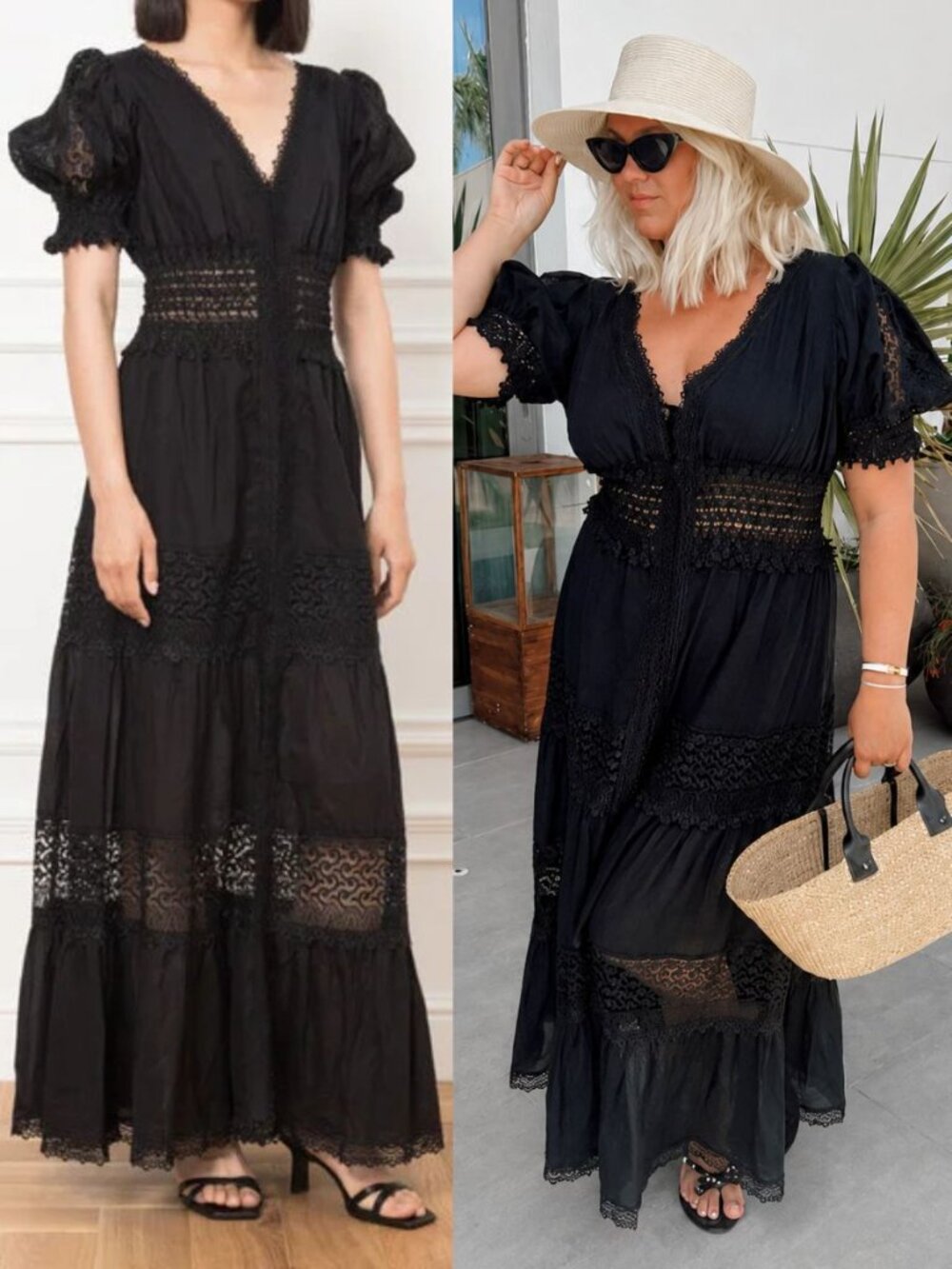 Charo Ruiz Clemence Dress Black V Neck Long Eyelet Puff Sleeve Maxi Size L - Picture 9 of 11